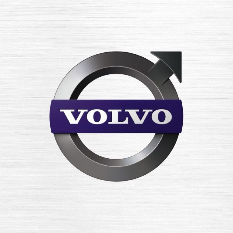 Logotipo de Volvo con un símbolo de masculino y un diseño metálico.