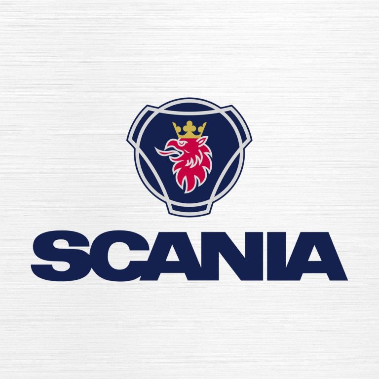 Logotipo de Scania, con un león y una corona en colores rojo y azul.