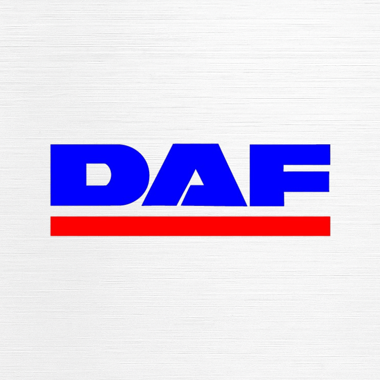 Logotipo de DAF con letras azules y una línea roja en la parte inferior.