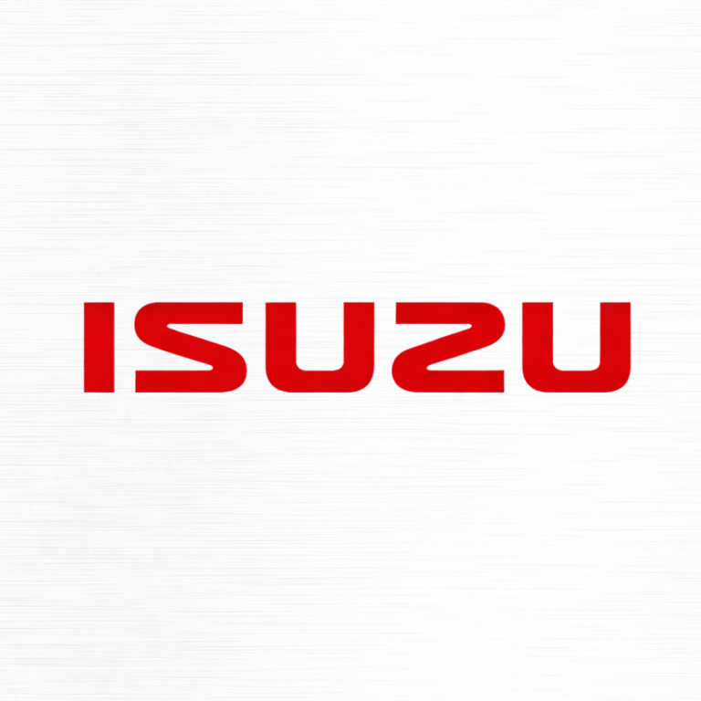 Logotipo de Isuzu en letras rojas sobre fondo blanco.